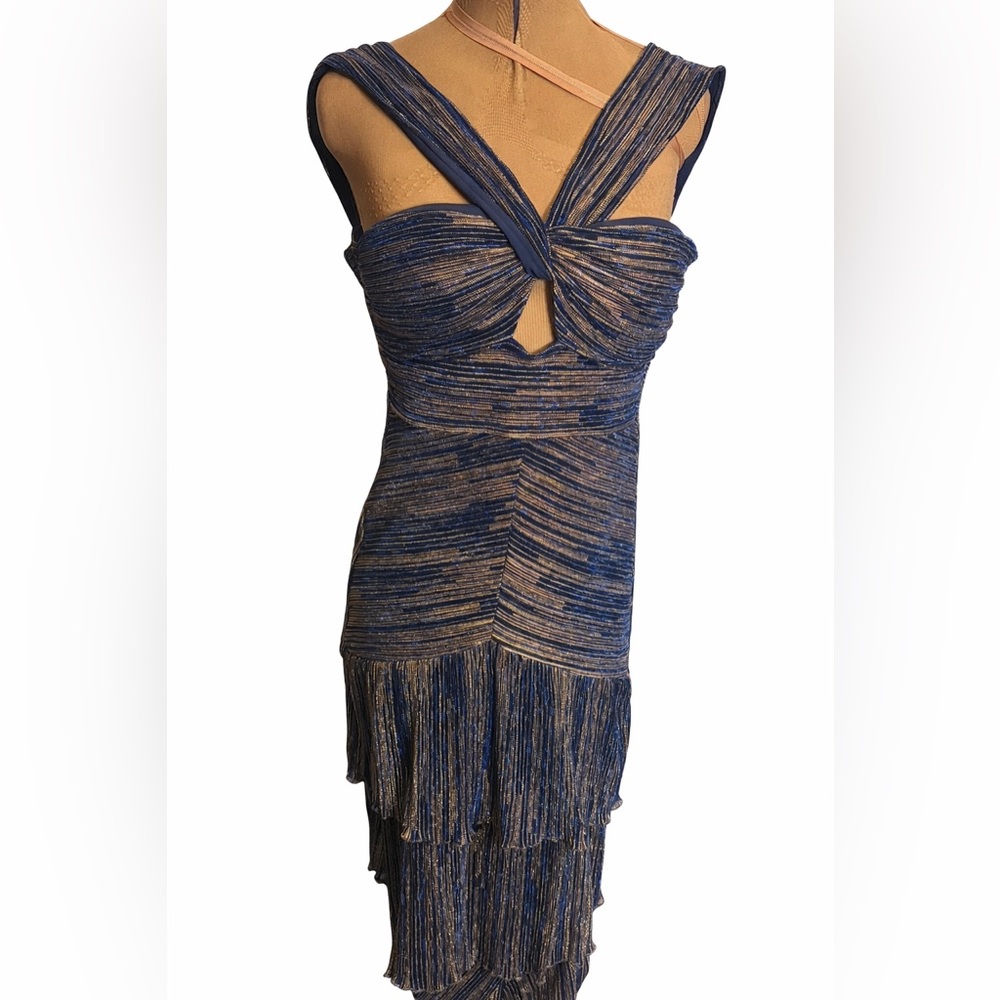 SAYLOR Goddess Glam Dress ✨ Navy & Gold Shimmer | Tiered Drama